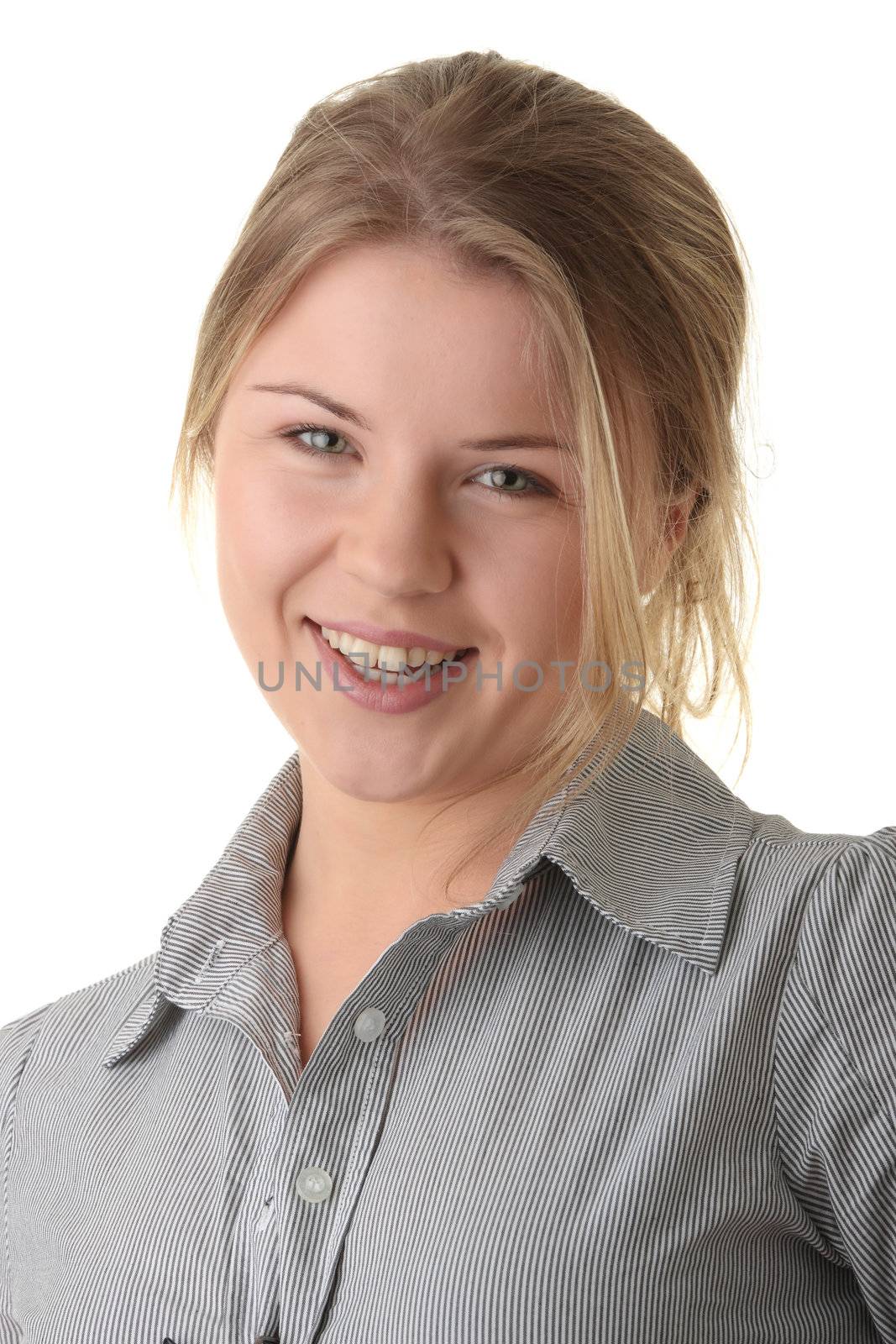 Closeup portrait of a happy young woman isolated on white background