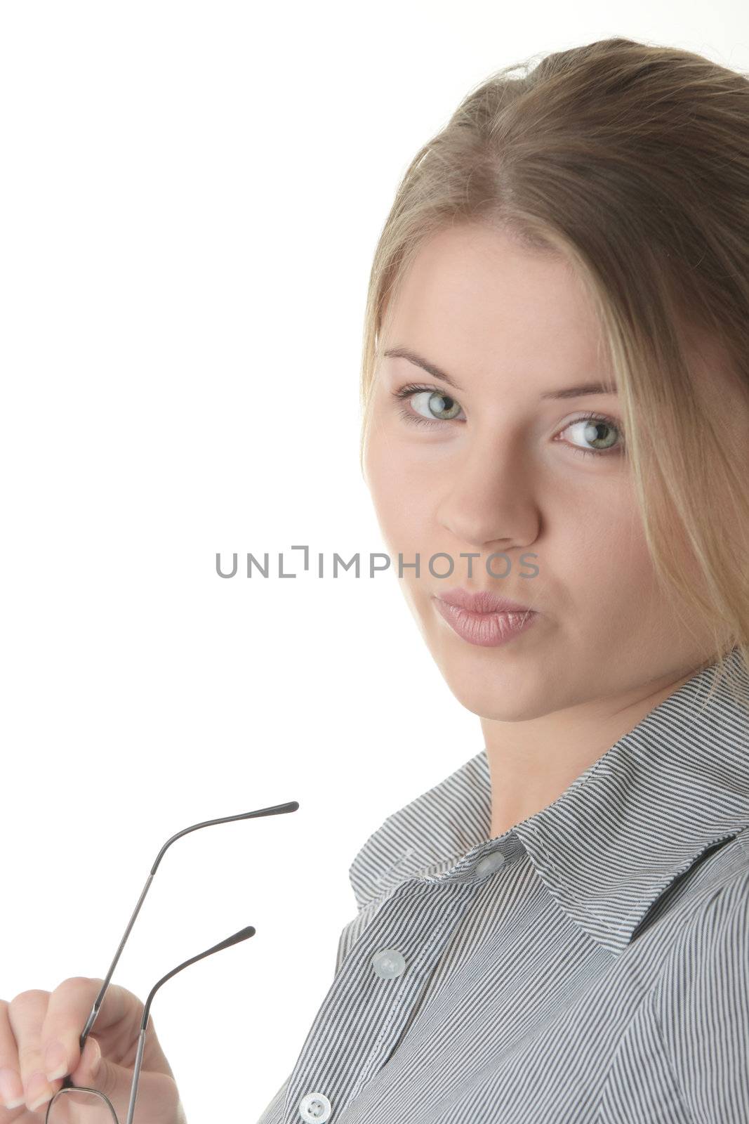 Portrait of young woman with glasses (student or businesswoman) isolated on white background