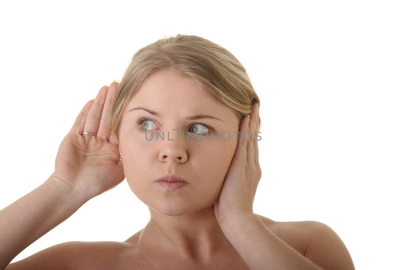 young blond woman listening gossip close up