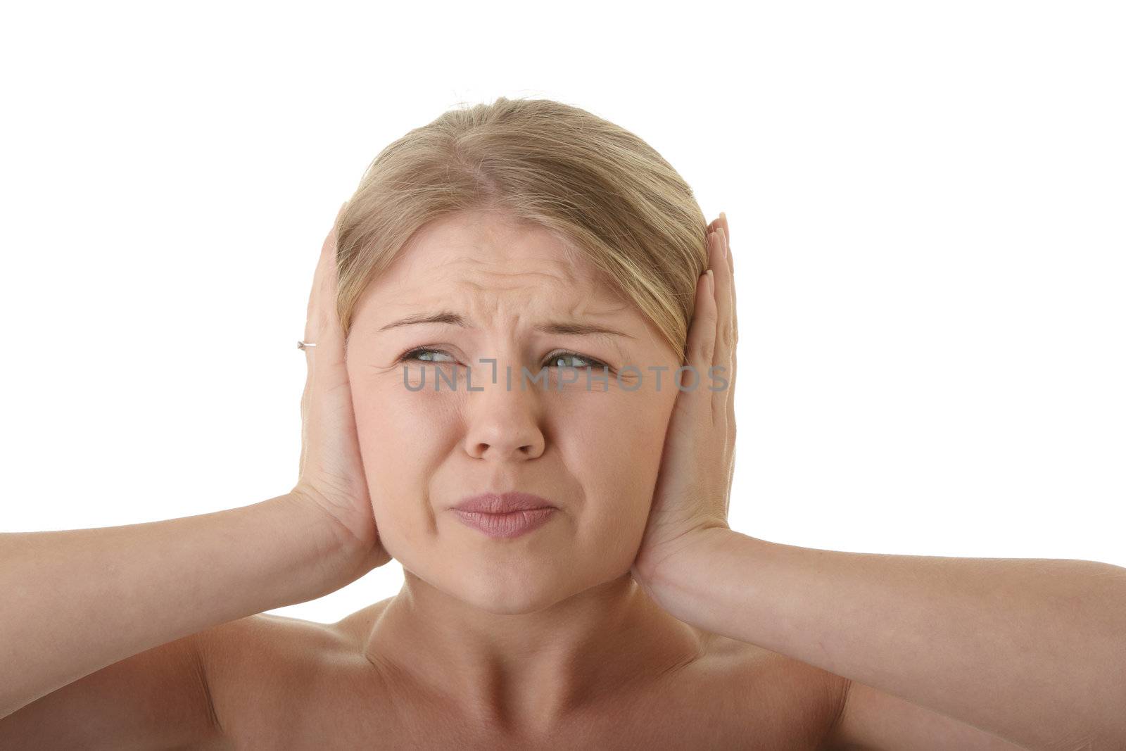 Hear no evil (deaf) girl isolated on white background