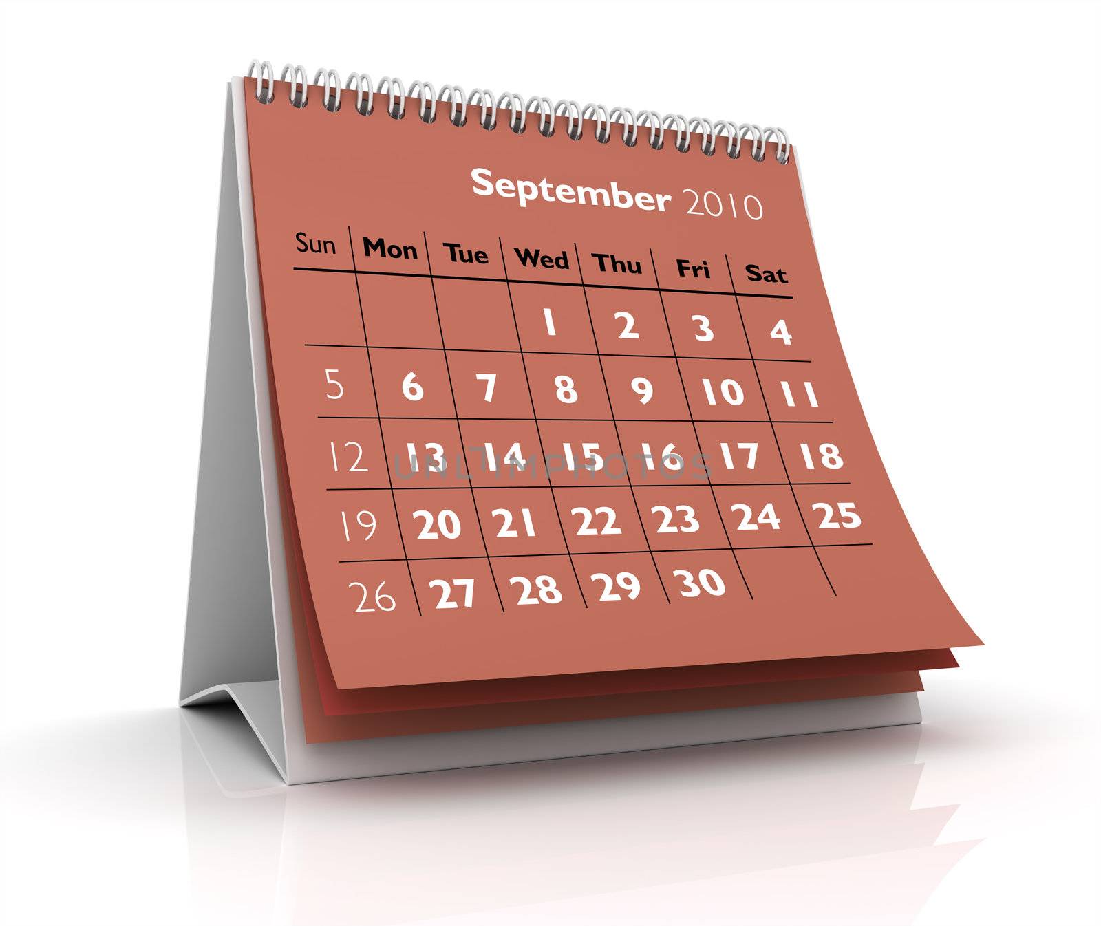 3D desktop calendar September 2010 in white background