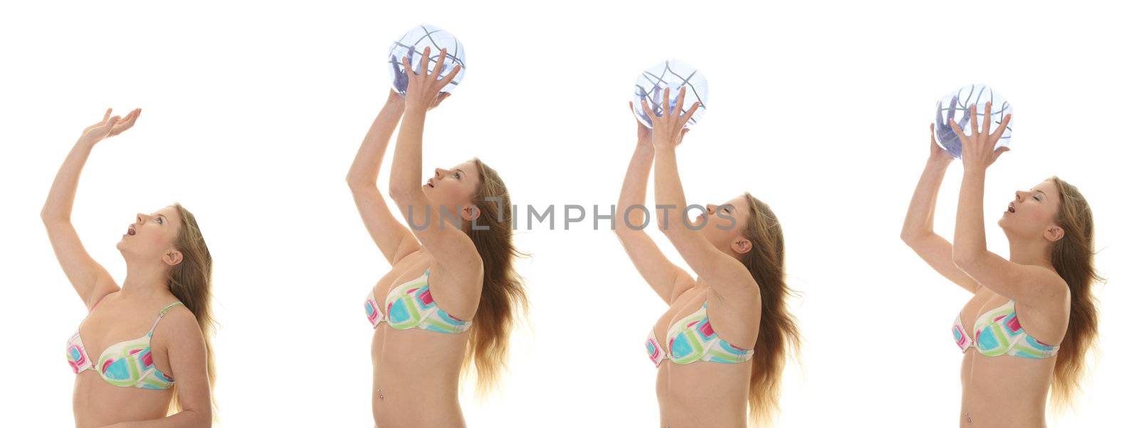 Young beautiful blond woman catching a beach ball isolated on white background