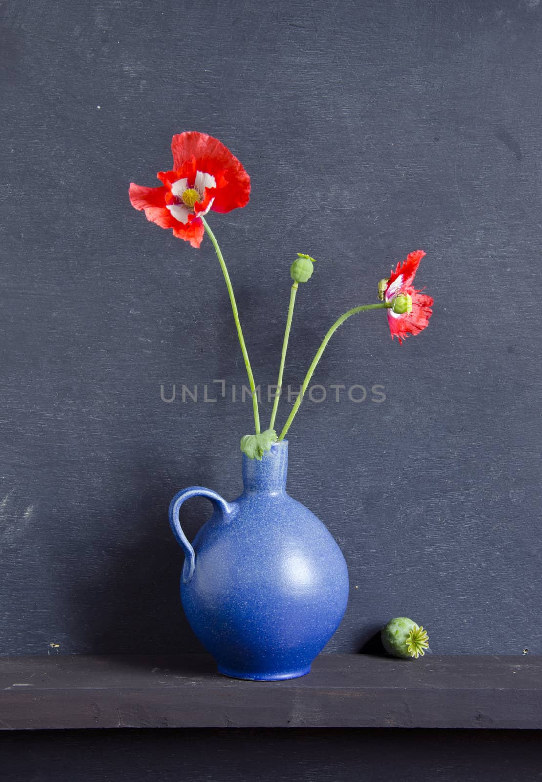 still-life with blue vase and poppy blossoms
