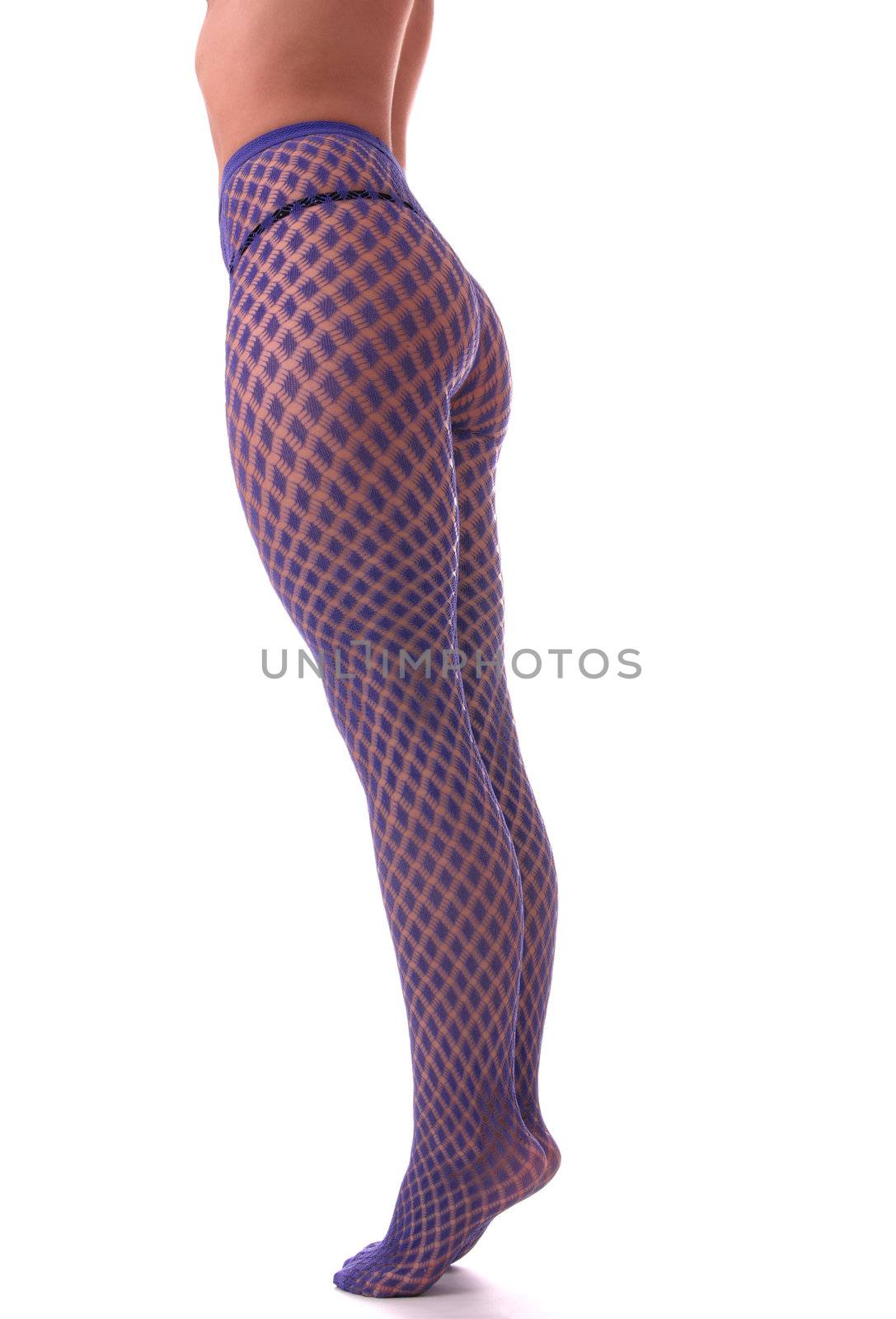 Sexy woman legs in violet stockings isolated on white background