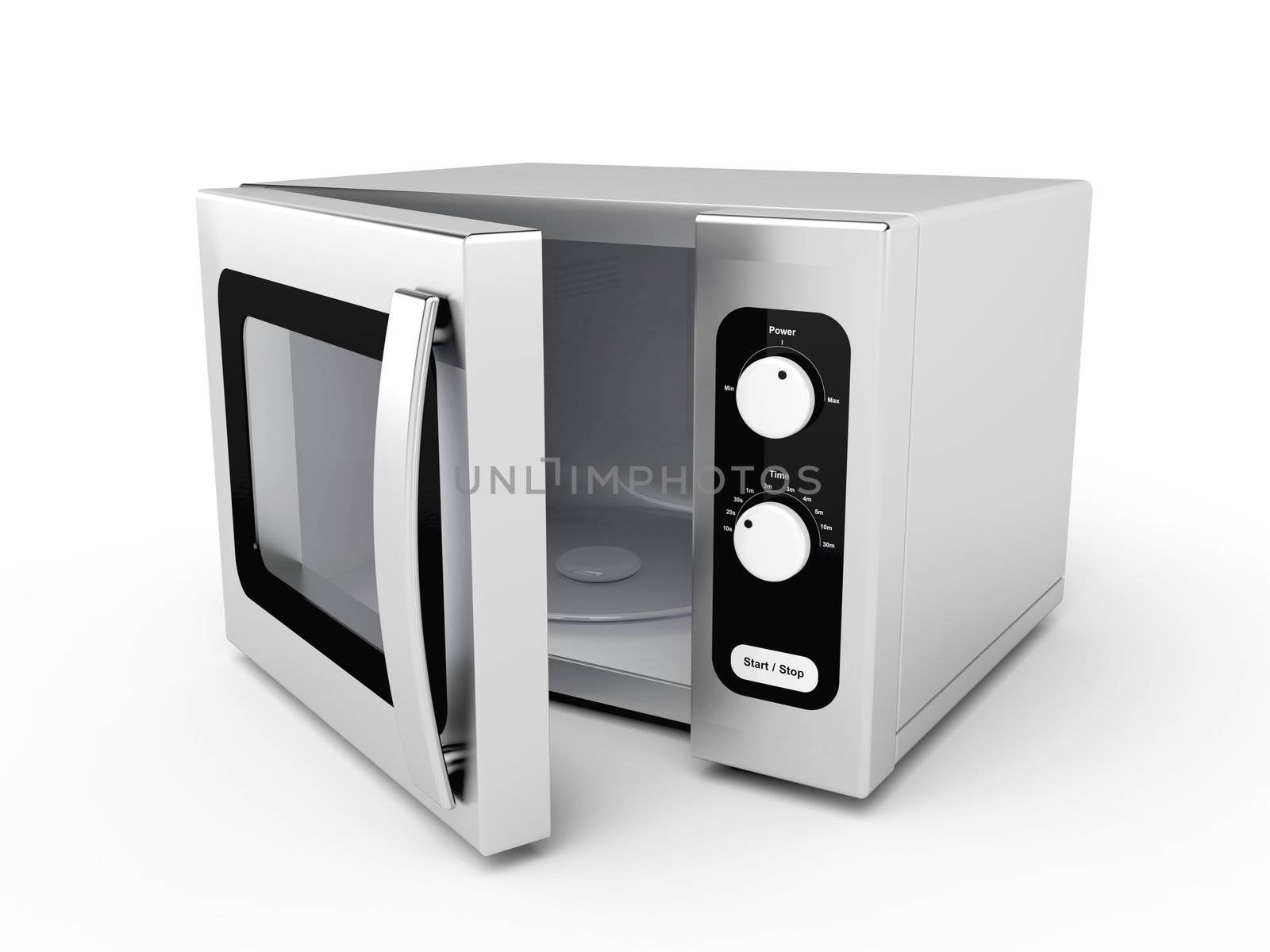 Silver microwave oven with open door on white background