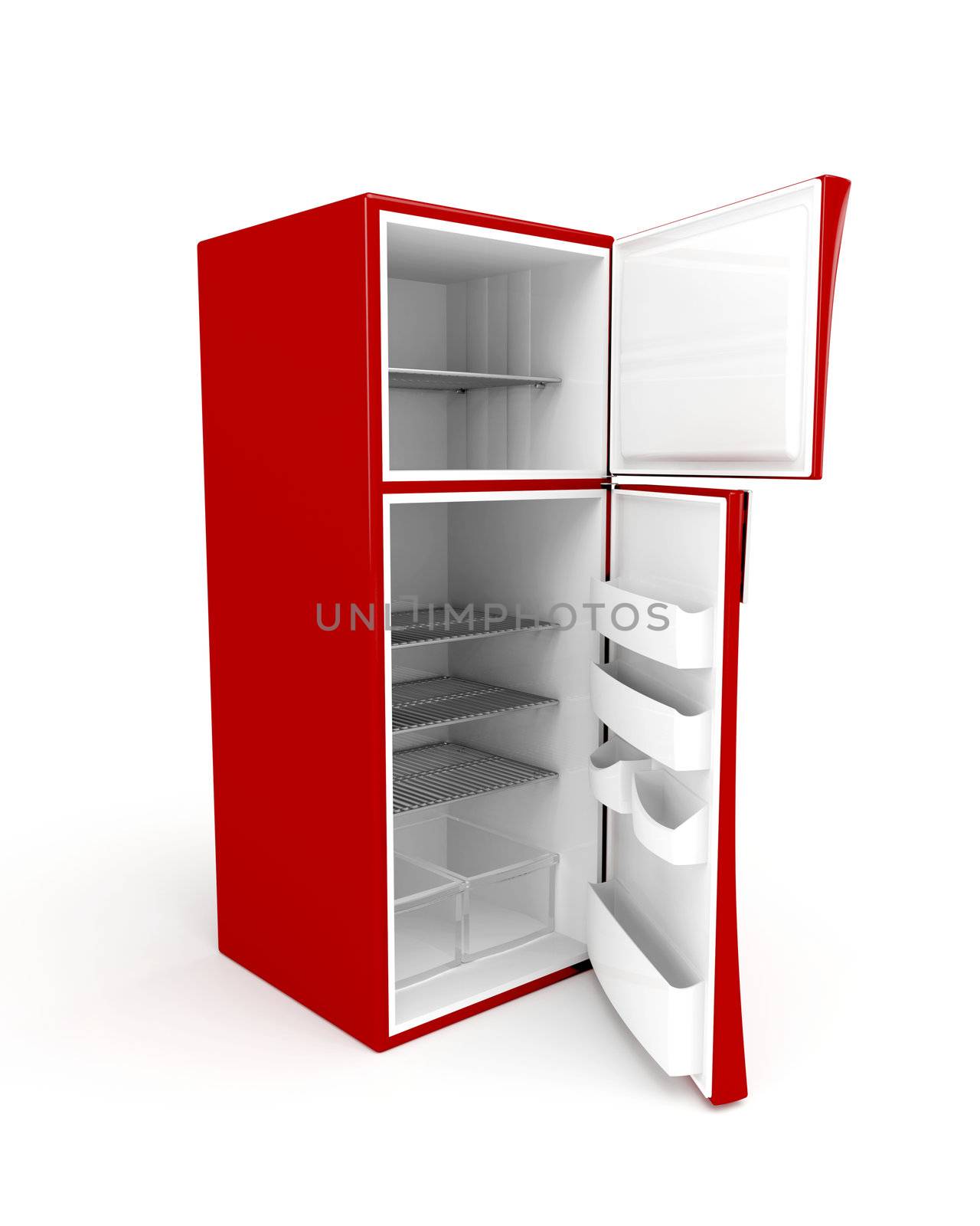 3d image of empty fridge with opened doors