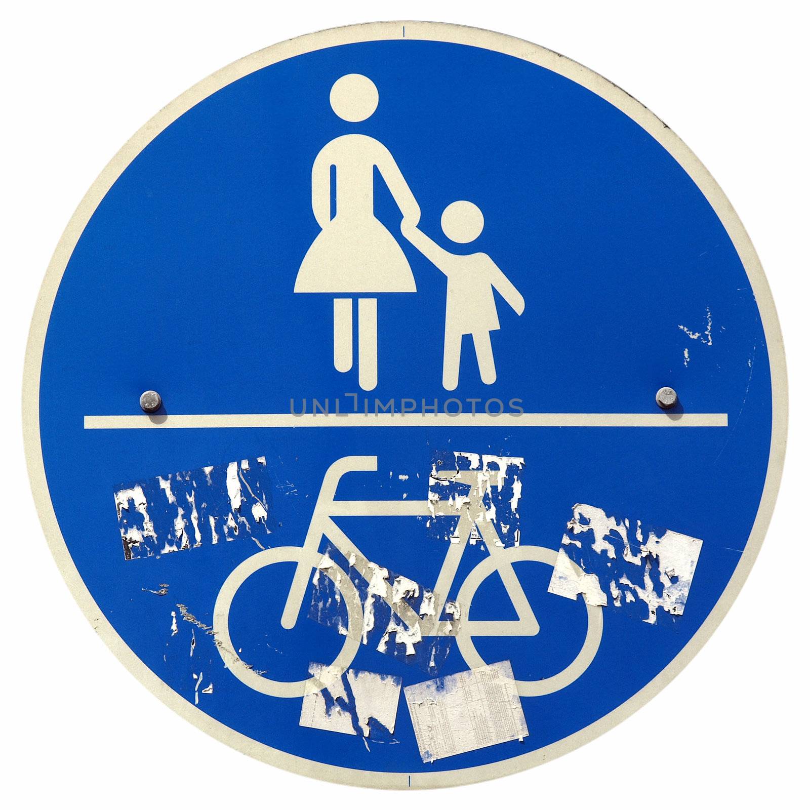 Grunge pedestrians and bikes sign isolated over white
