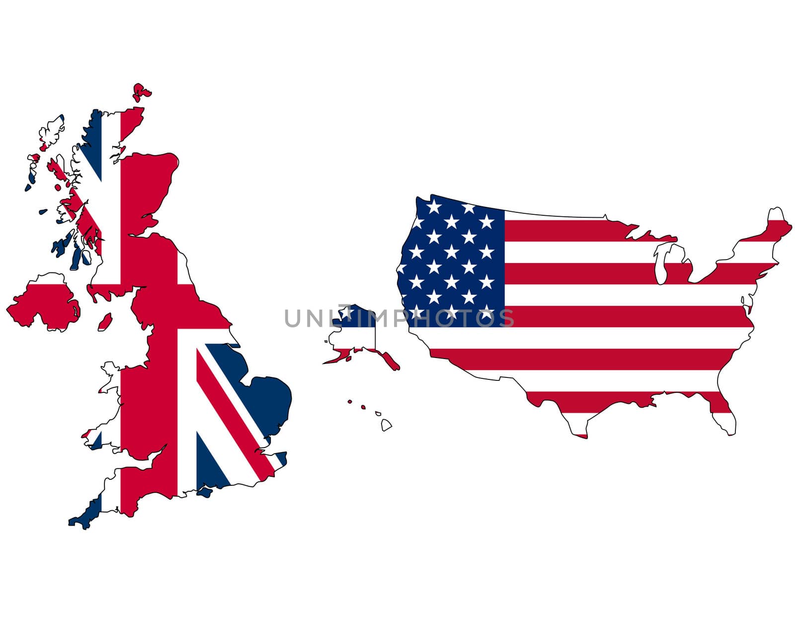 UK and USA union jack flag inside map