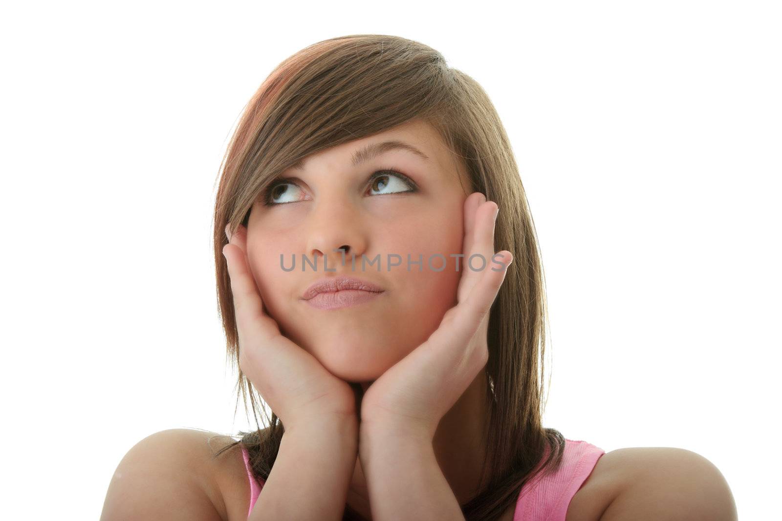 Young woman with expresion portrait - looking up