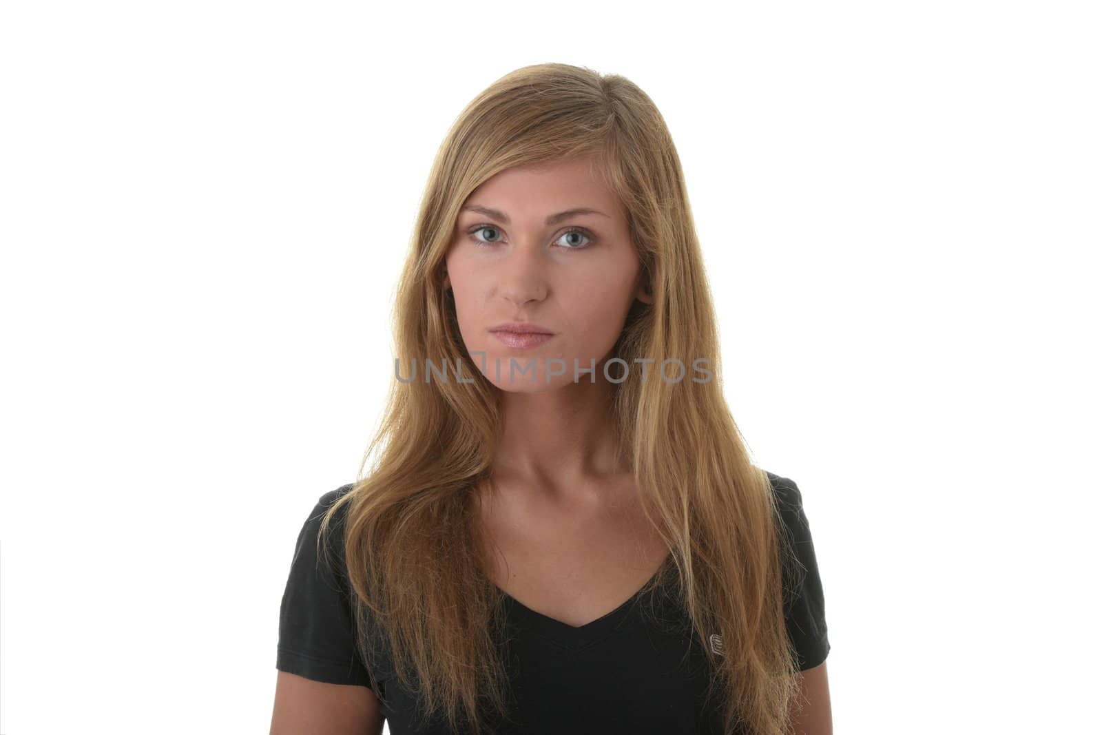 Blond young woman (student) portrait iith face expression isolated on white background