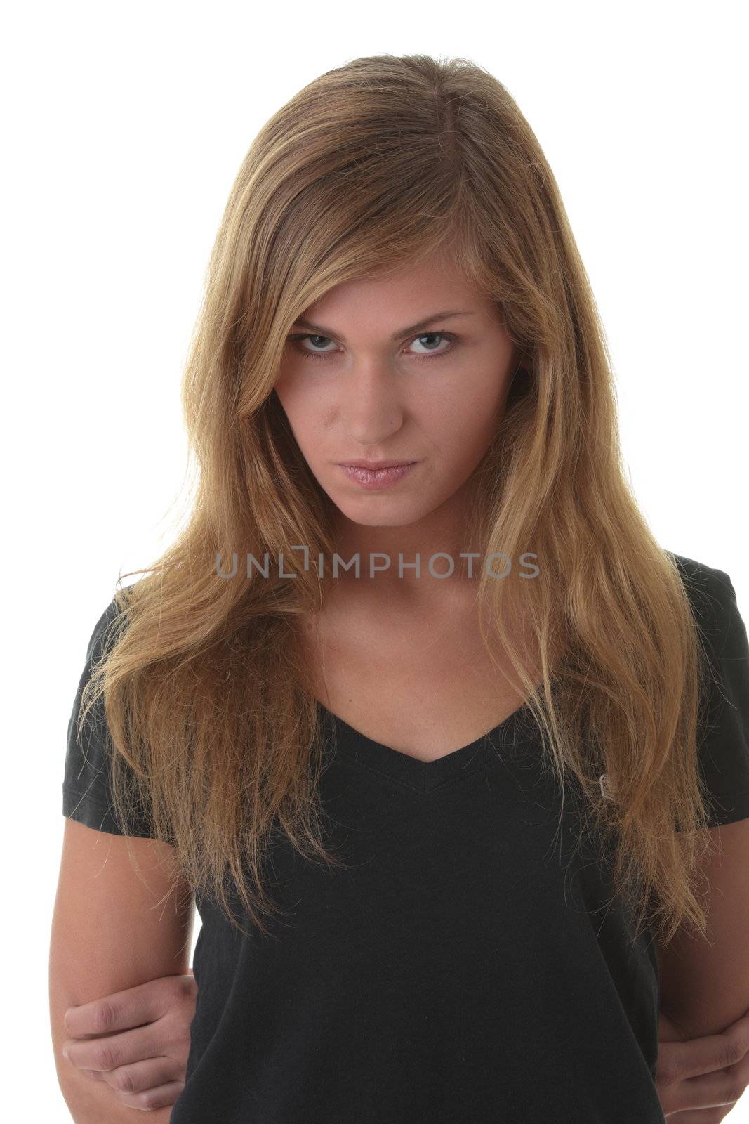 Blond young woman (student) portrait iith face expression isolated on white background