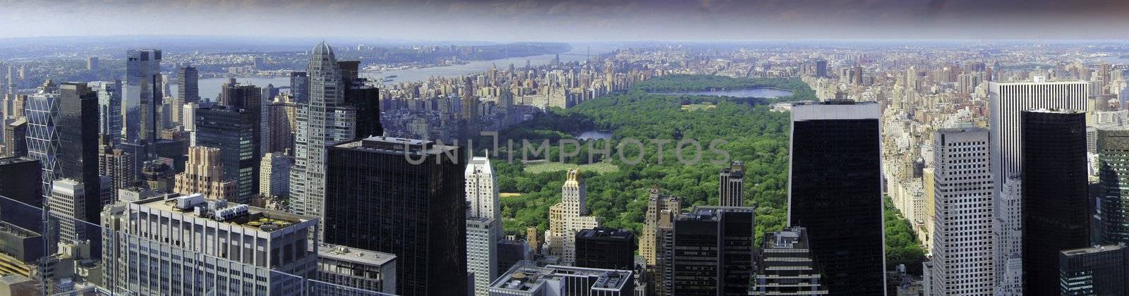 Aerial view of Central Park and New York City Buildings