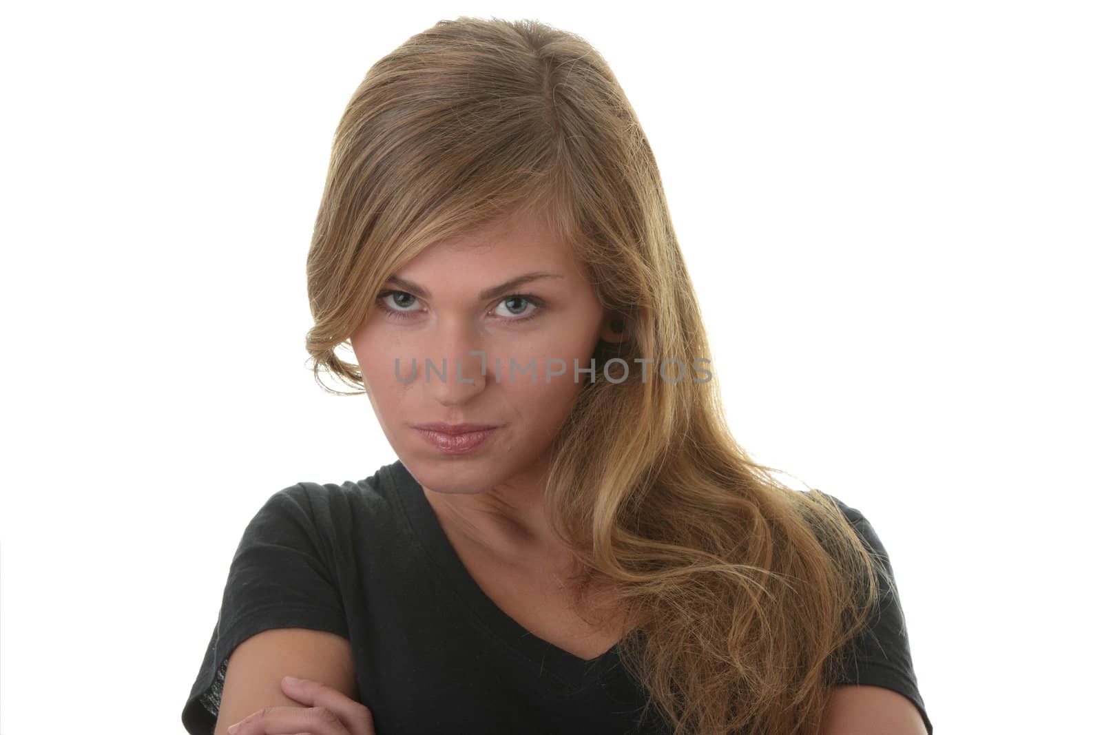 Blond young woman (student) portrait iith face expression isolated on white background