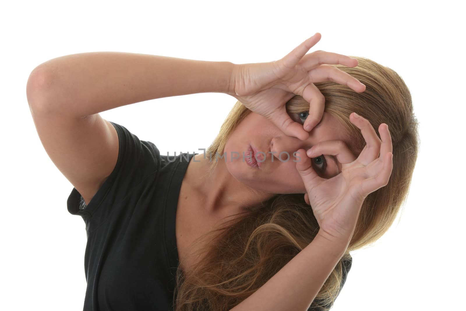 Blond young woman (student) portrait iith face expression isolated on white background