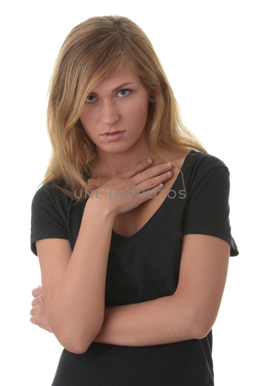 Blond young woman (student) portrait iith face expression isolated on white background