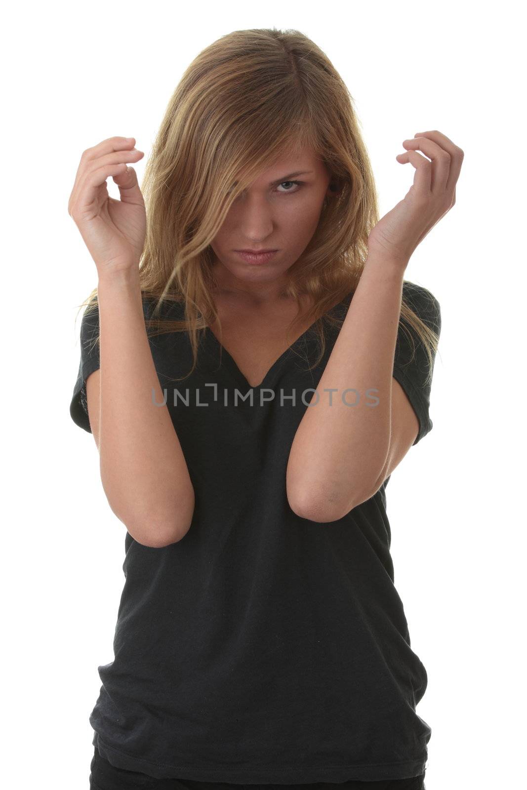 Blond young woman (student) portrait iith face expression isolated on white background