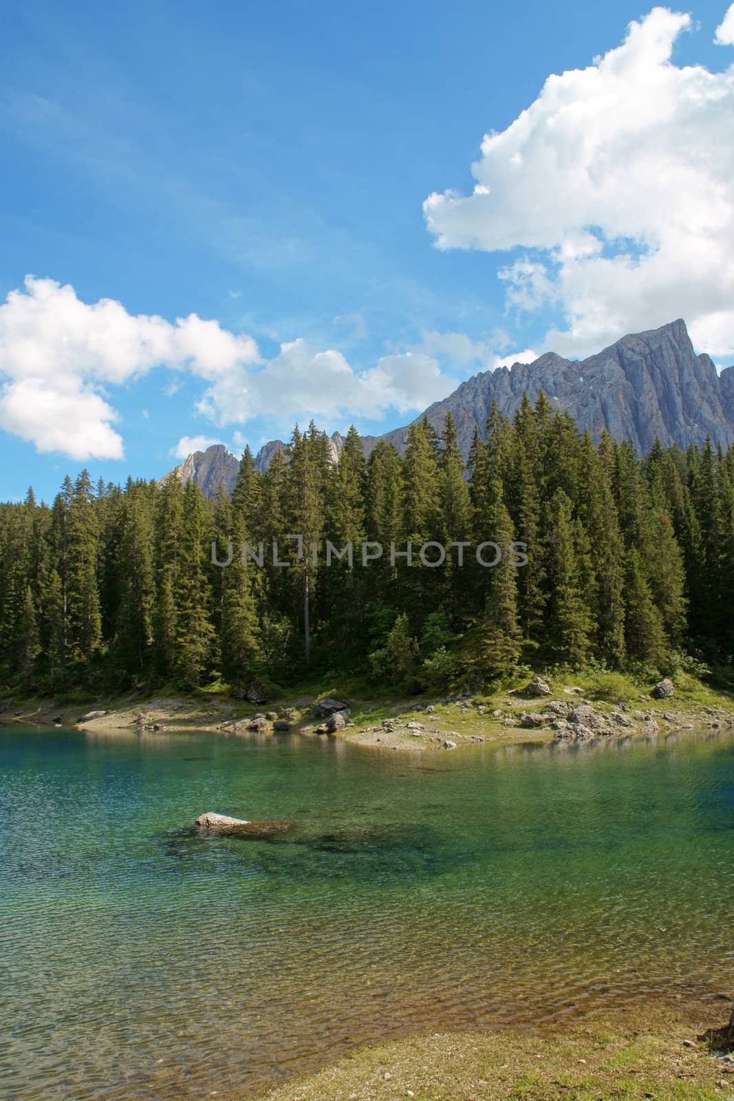 Scenic view of Carezza lake in the italian region of Trentino-Alto Adige (South Tyrol) and the Dolomites chain of the Rosengarten (Catinaccio).
