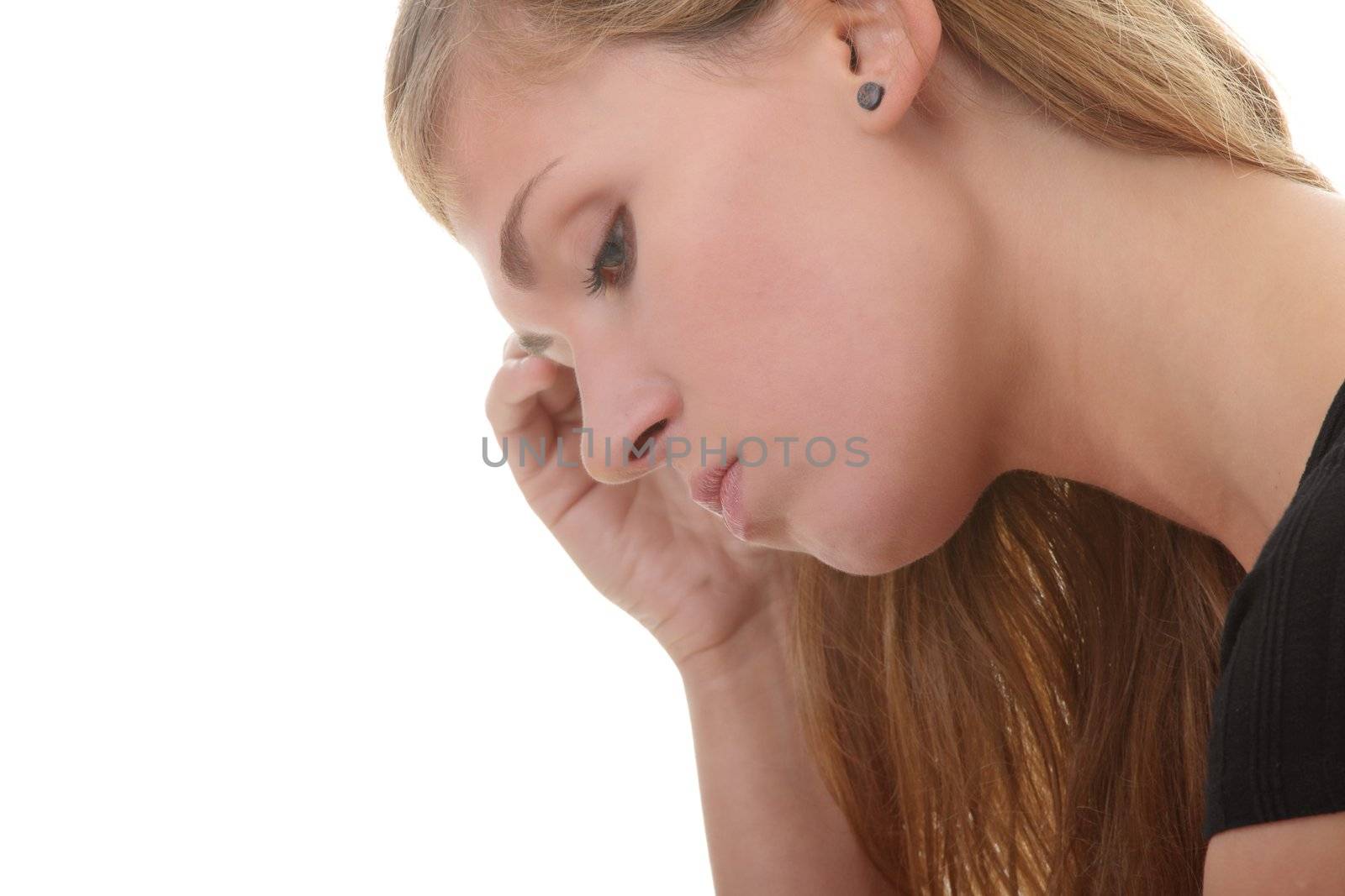 Beautiful young woman depressed - isolated on white background