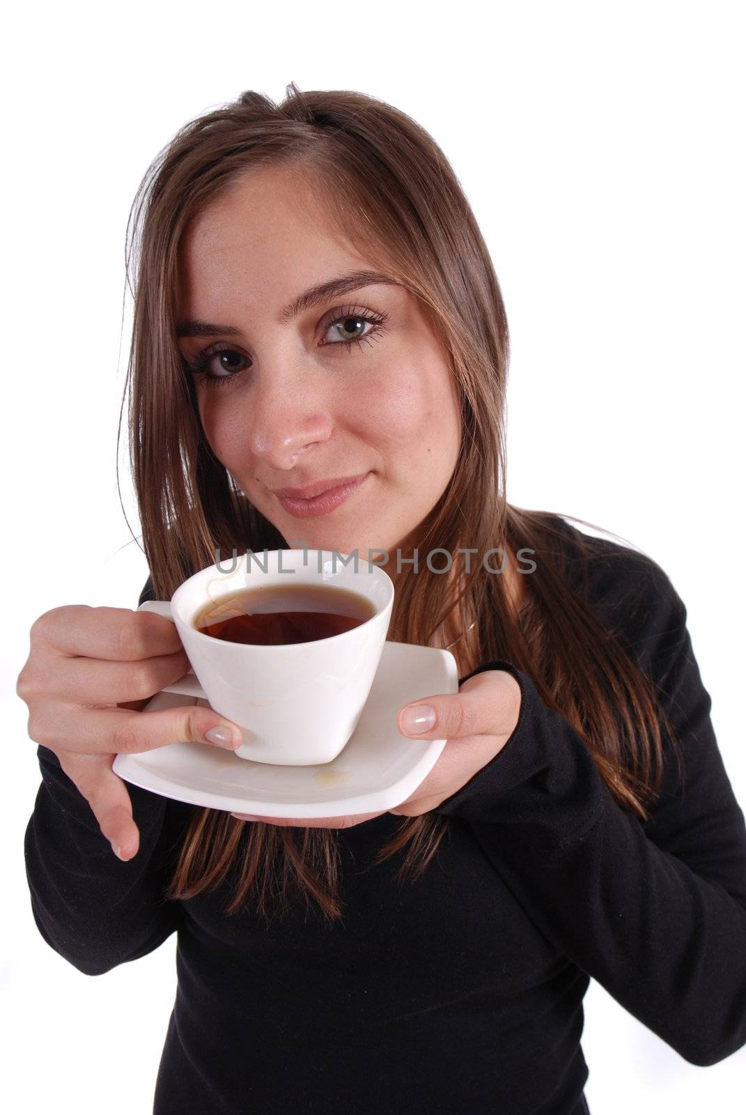 Woman drinking tea on white
