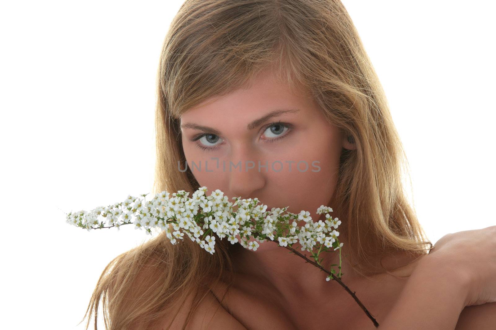 Beautiful blond woman with small white flowers isolated on white background