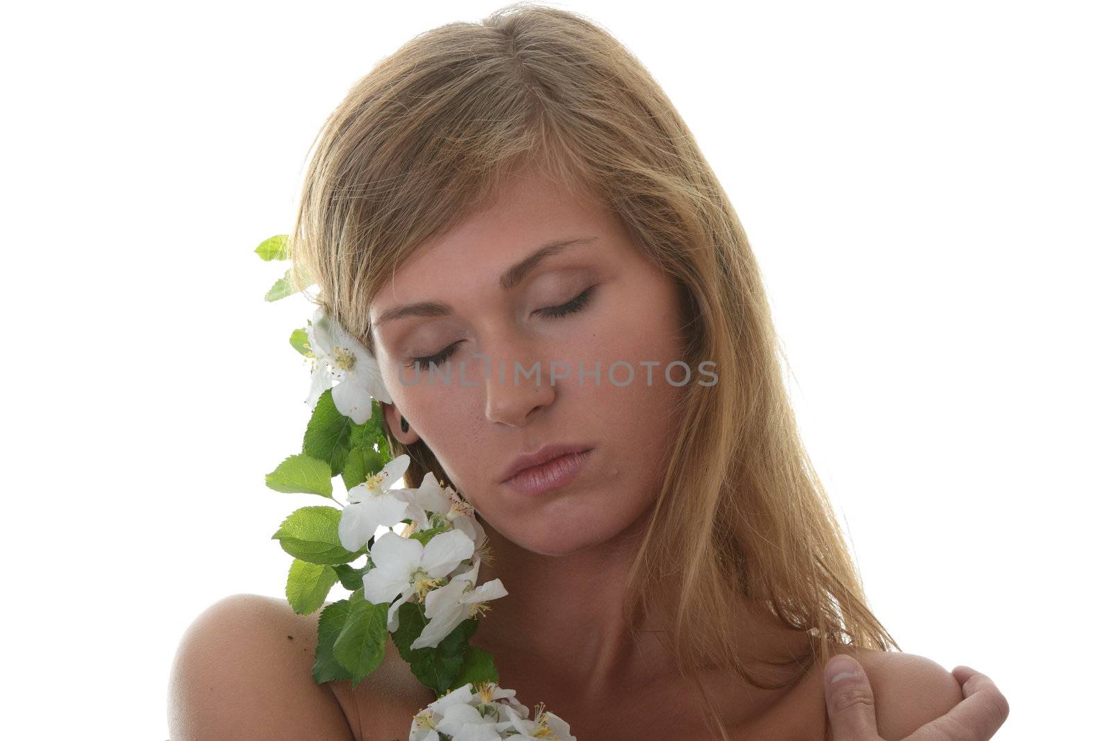 Beautiful blond woman with small white apple tree flowers by BDS