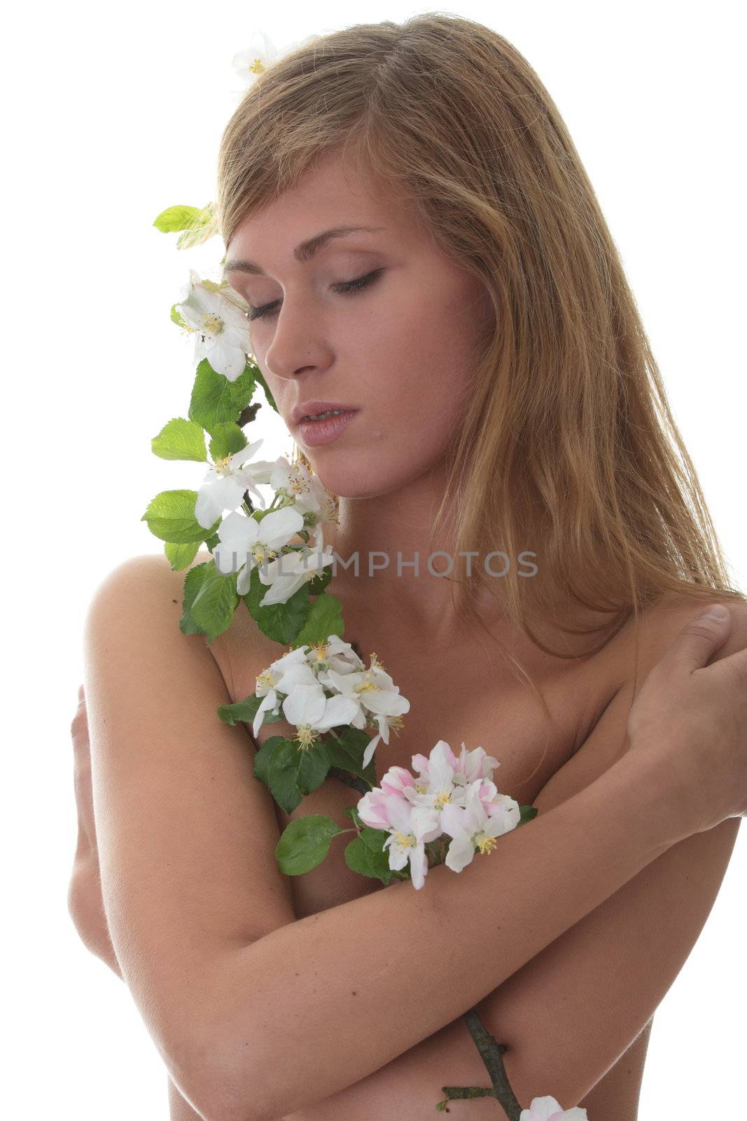 Beautiful blond woman with small white apple tree flowers isolated on white background