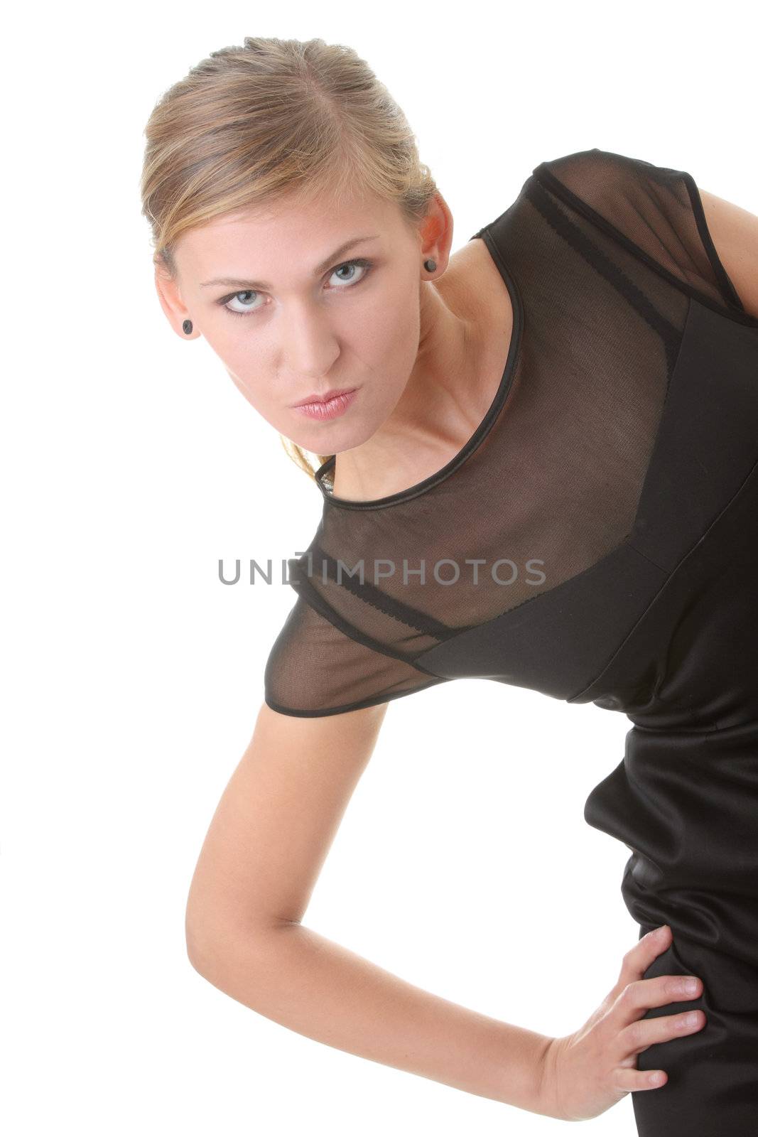 Pretty woman with slim waist pose on white background dressed in style black dress