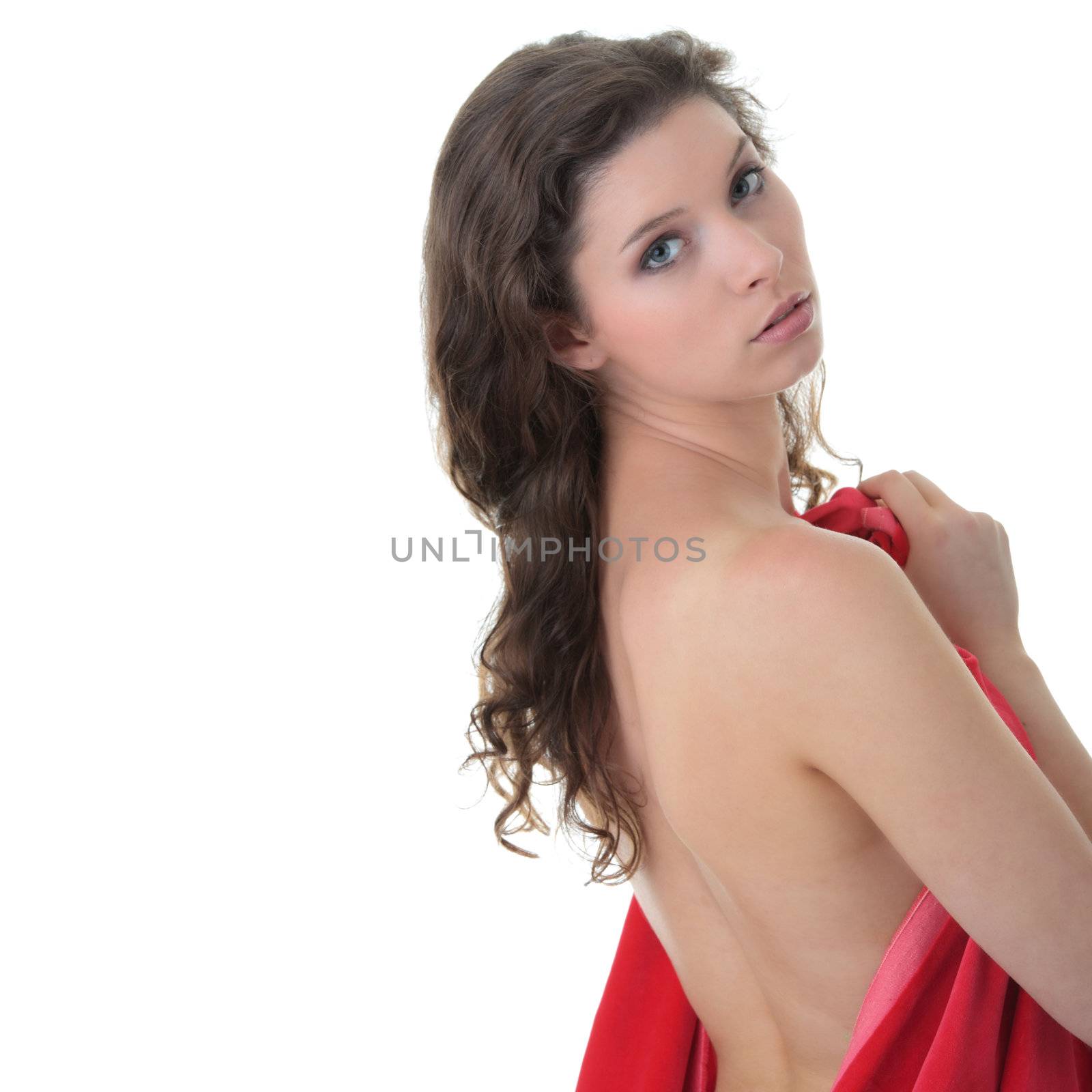 Sensual beautiful young naked woman with red flowing cloth isolated on white baskground