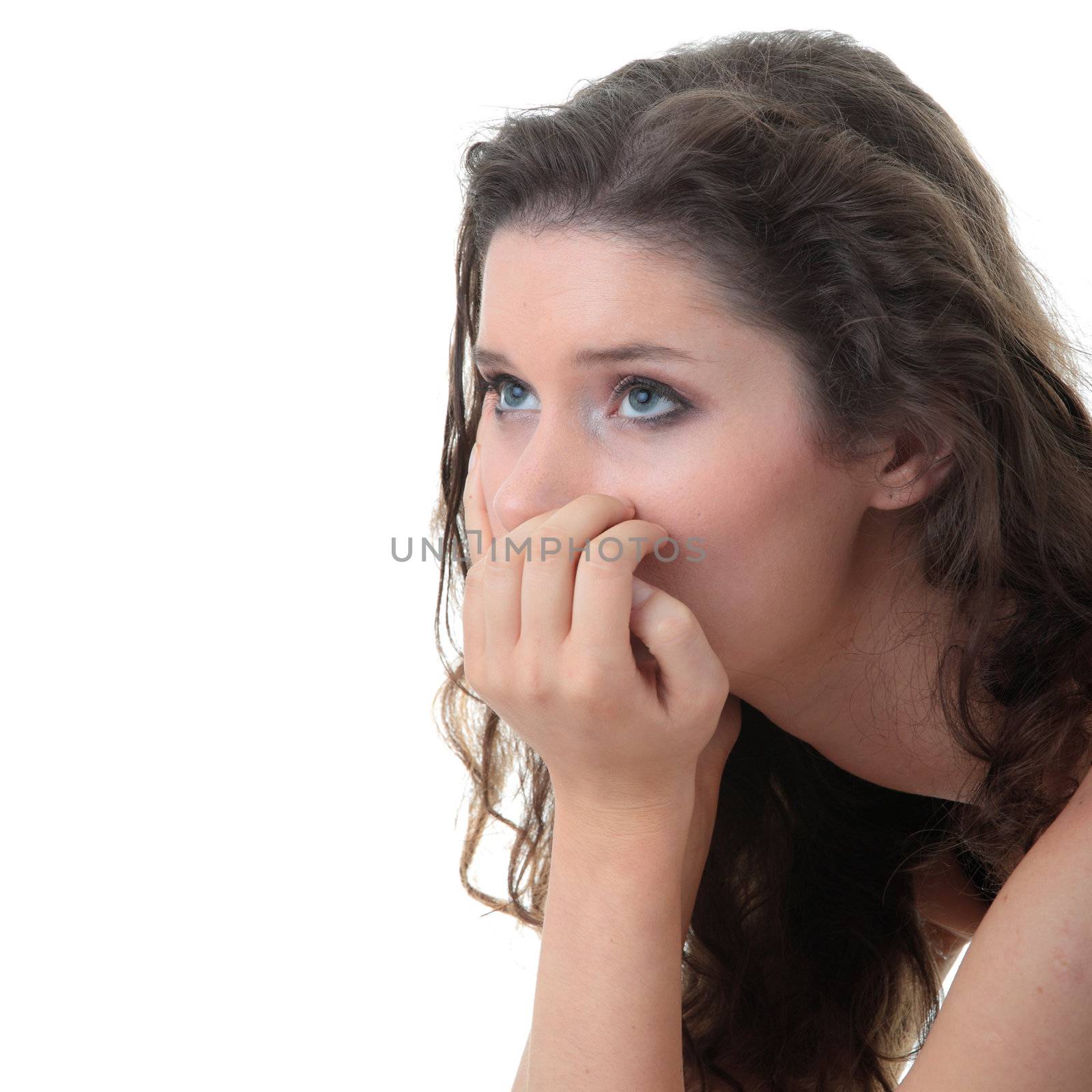 Young beautiful woman with depression isolated on white