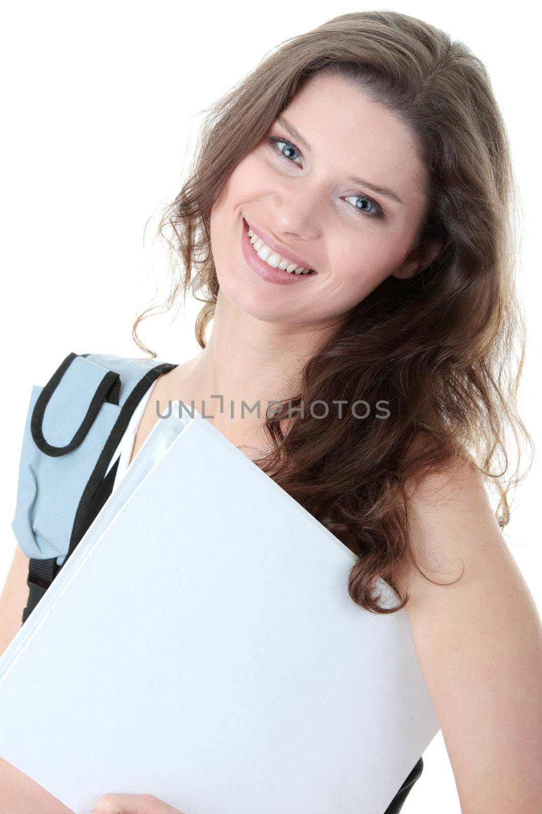 Young smiling student woman. Over white background