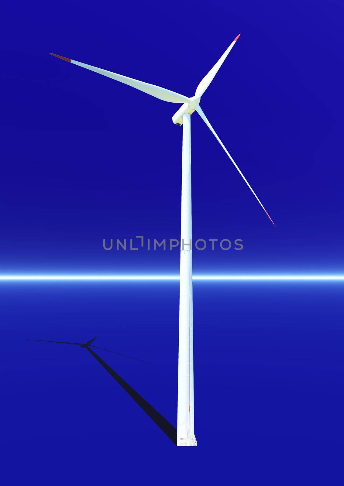 Wind turbine with its shadow in blue background