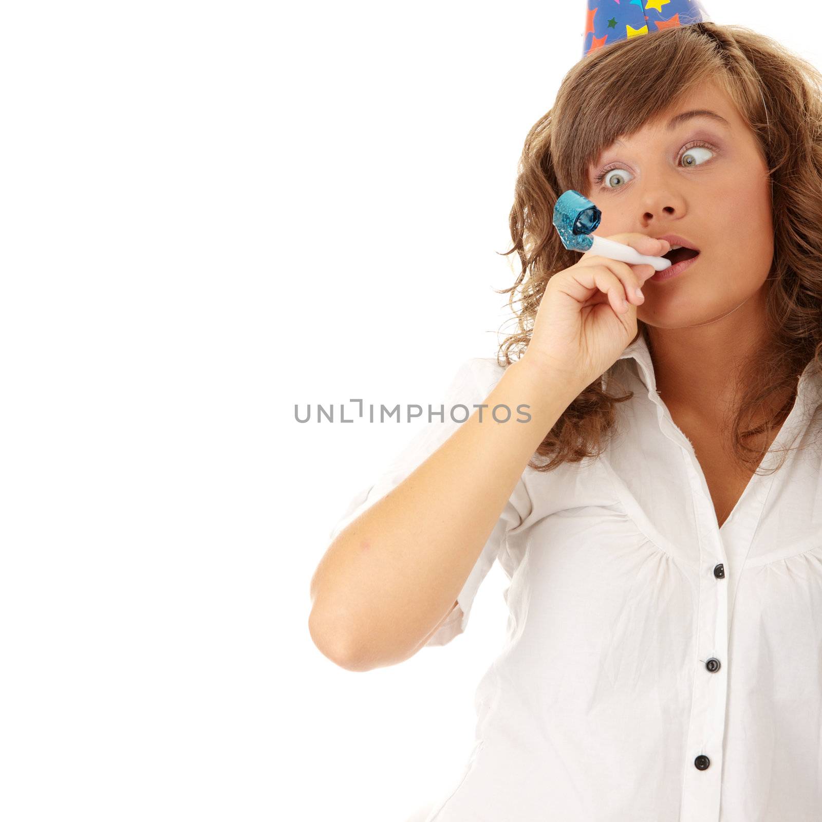 Young woman in business siut wearing party favors