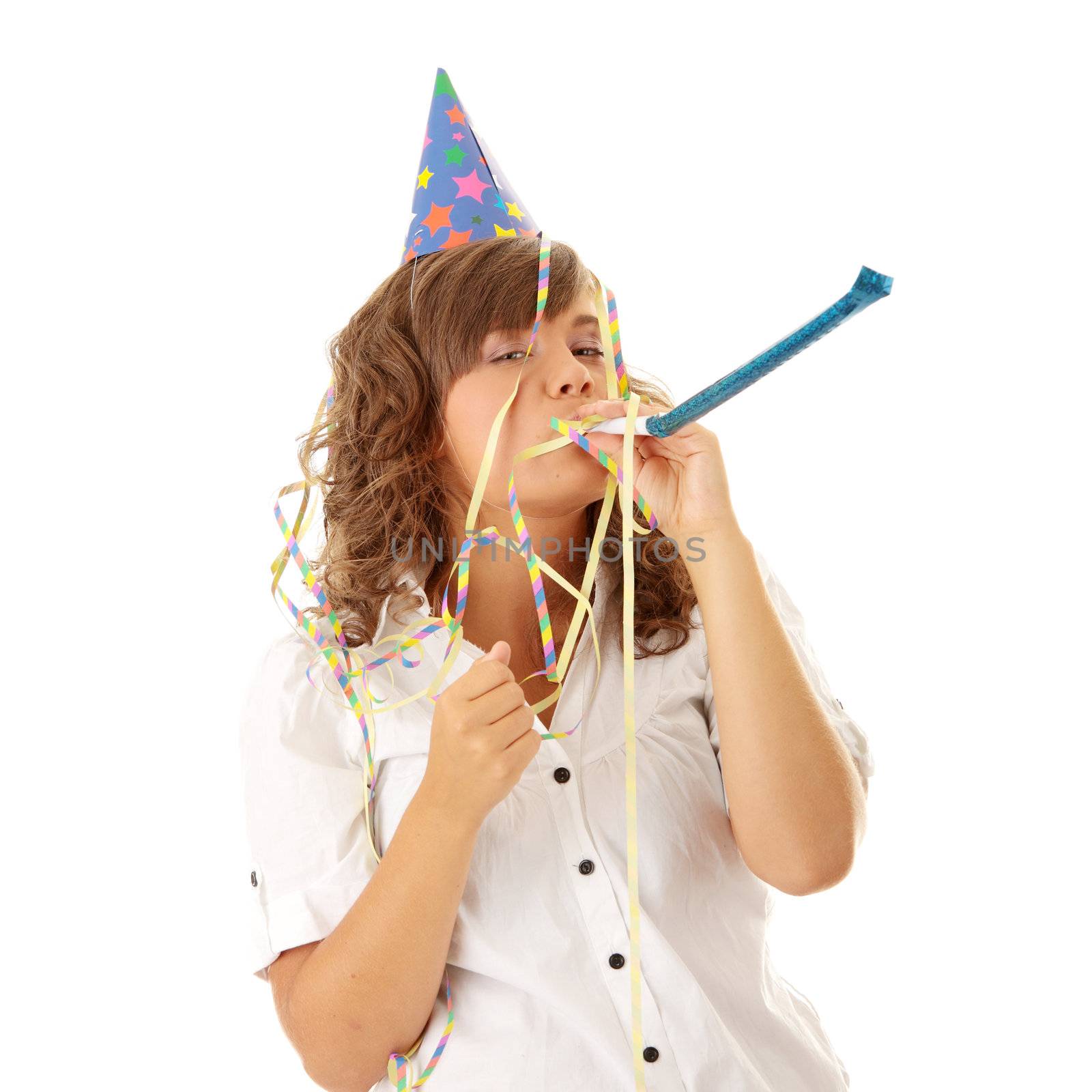 Young woman in business siut wearing party favors