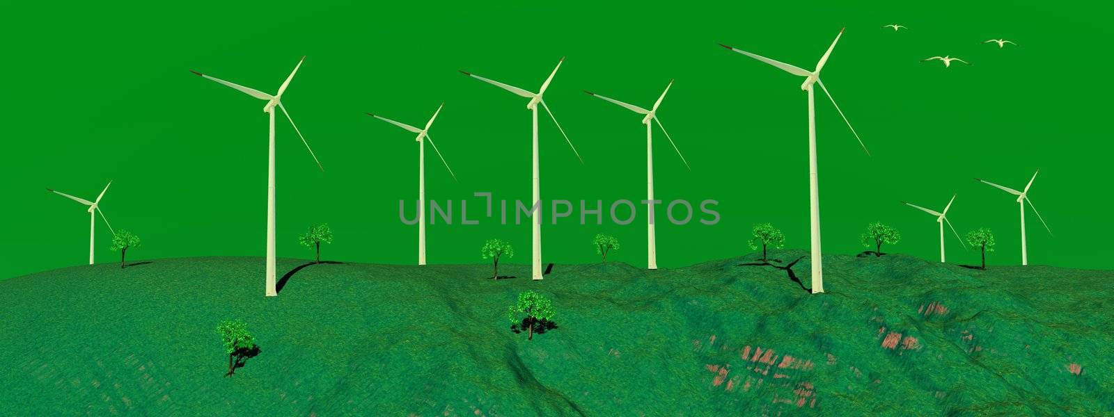 Birds flying upon wind turbines on a green hill with trees and green sky