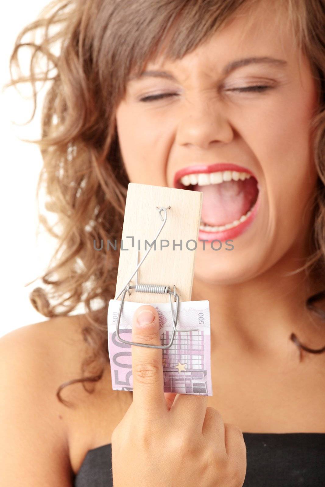 Screaming woman after geting traped by mouse trap with 500 euro