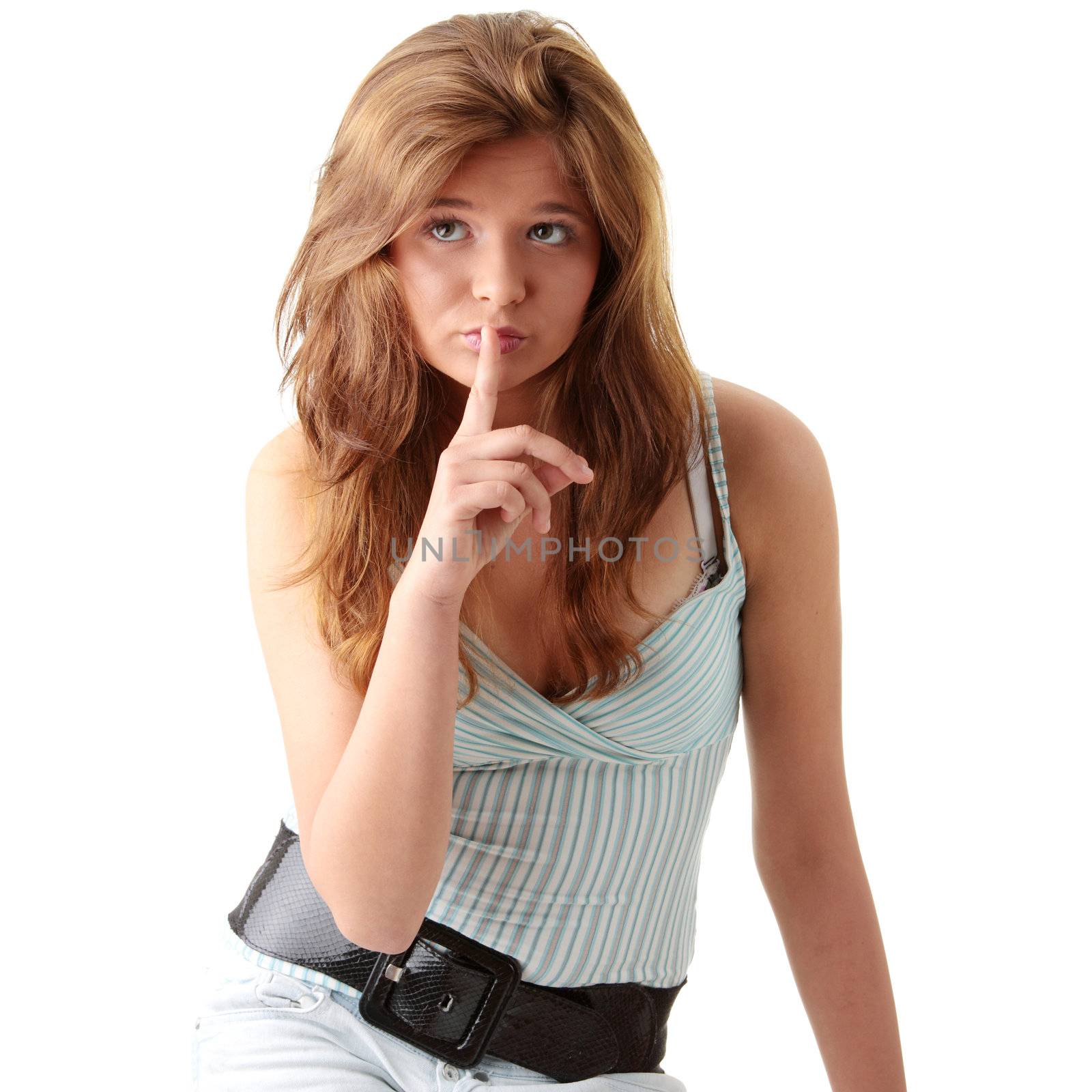 Young woman gesturing silence isolated on white background