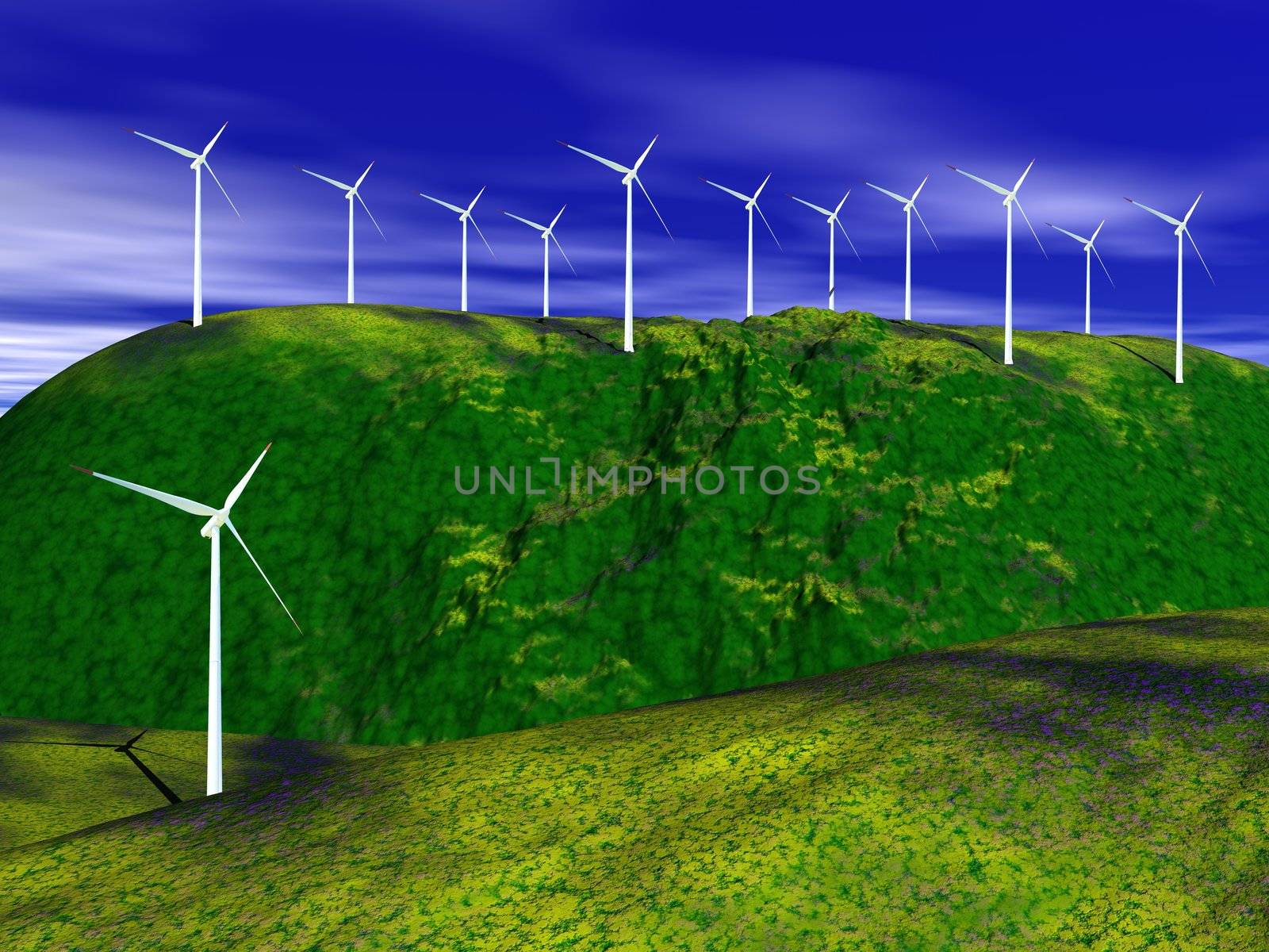 Wind turbines on green hills with deep blue cloudy sky