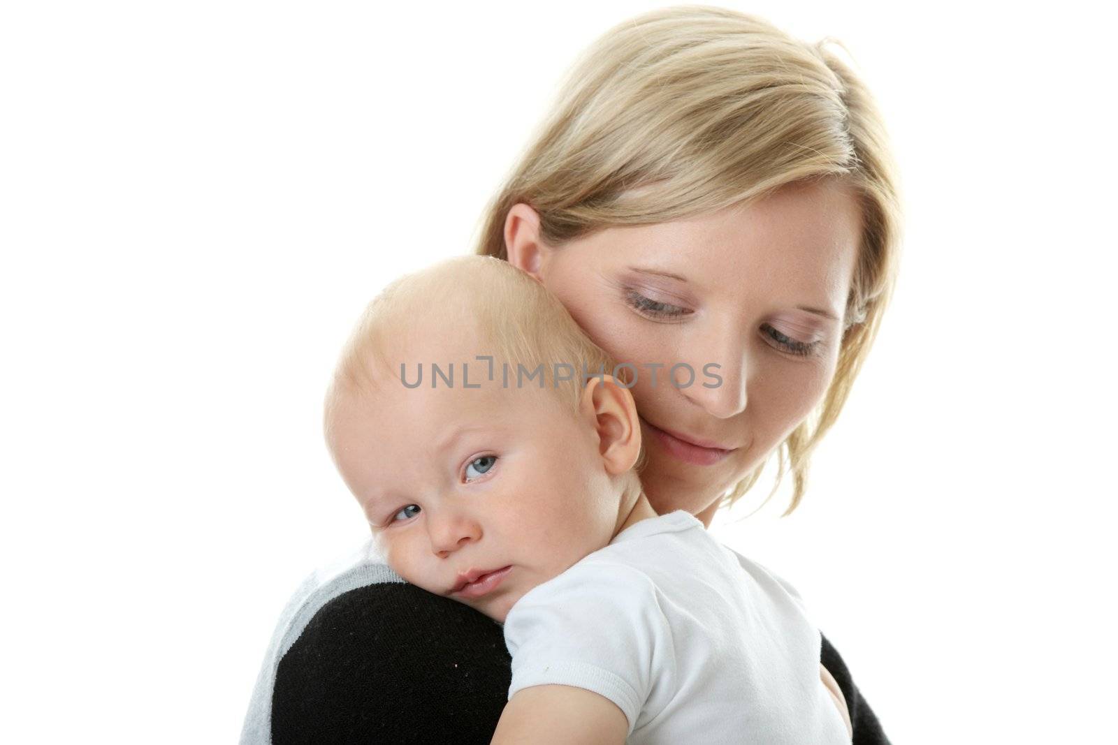 A mother and her tired cute baby boy isolated on white background