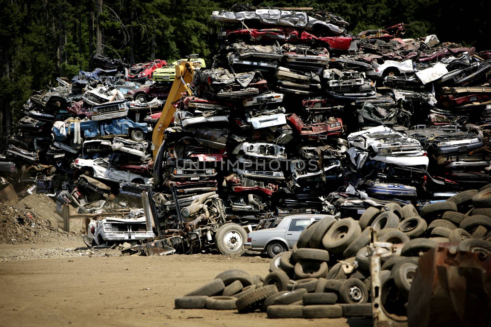 big pile of flatened cars on a wreck yard 