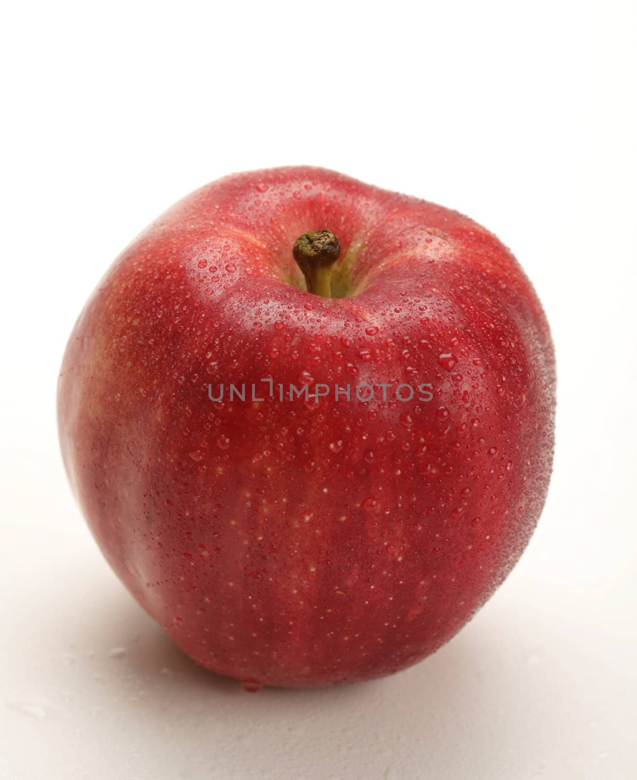 fresh red apple with water drops on white background