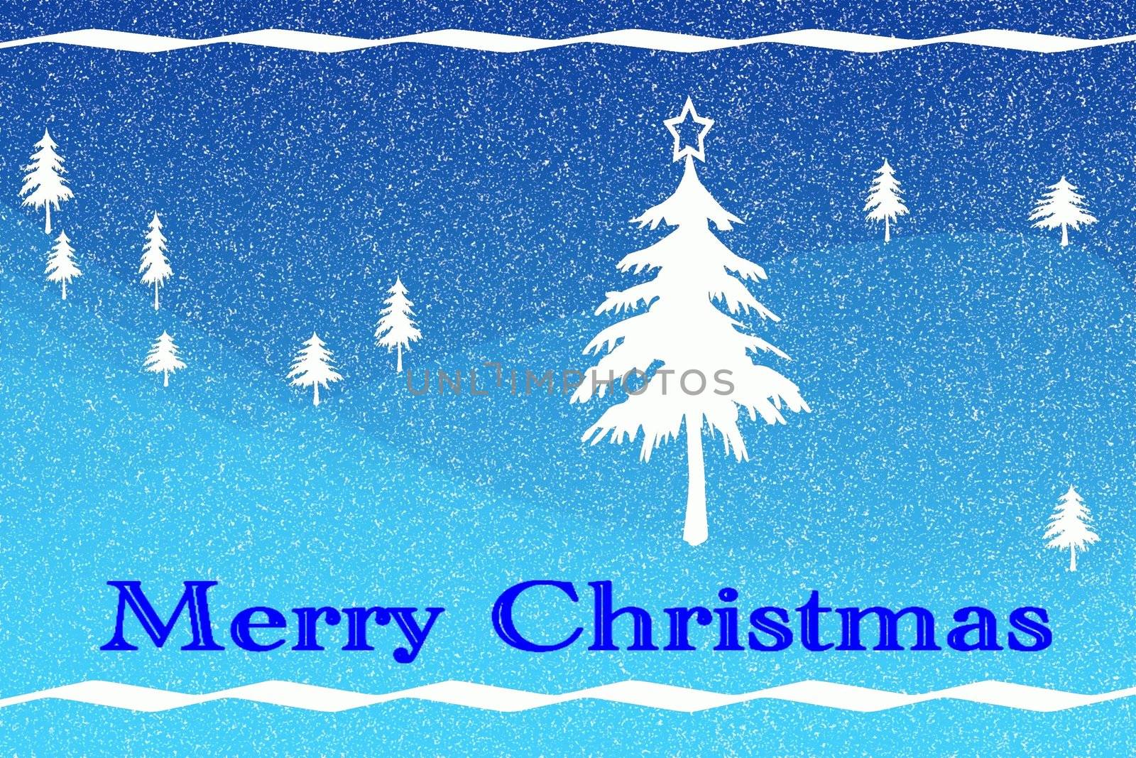 White Christmas tree on blue background 