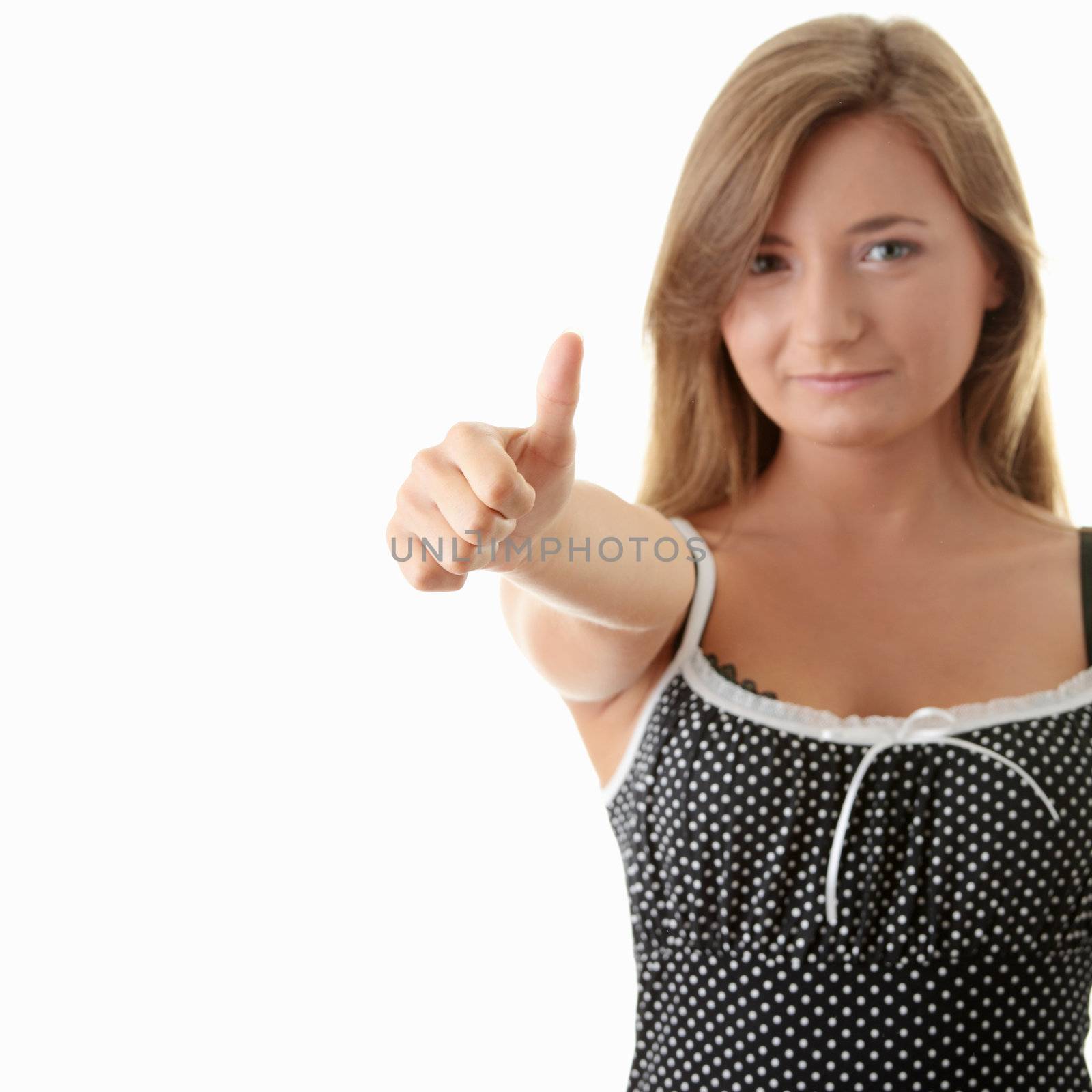 Young woman with thumb up by BDS