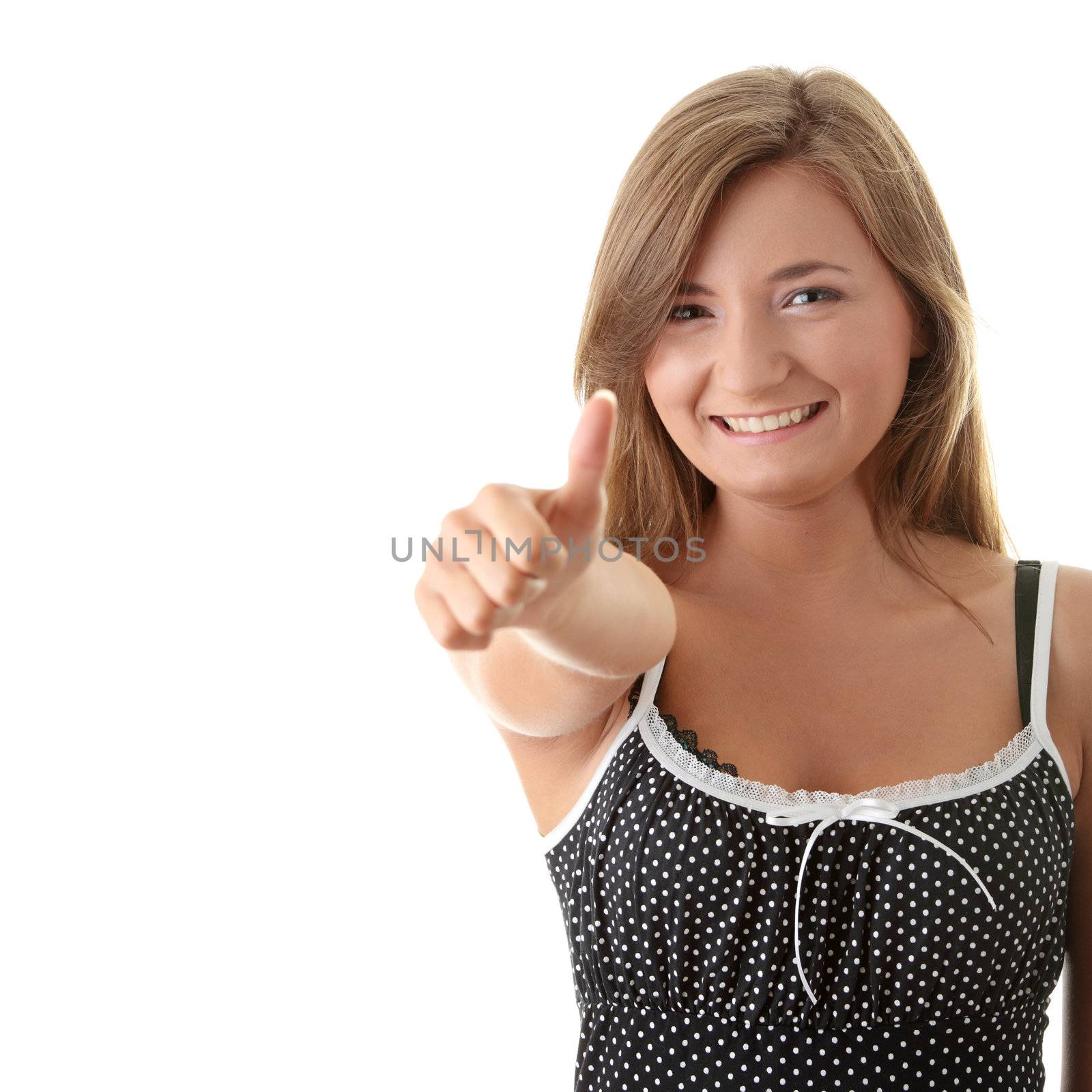 Young woman with thumb up isolated on white background