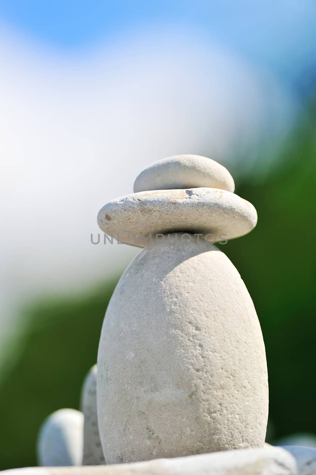 Laconic compound of white pebbles on the shore