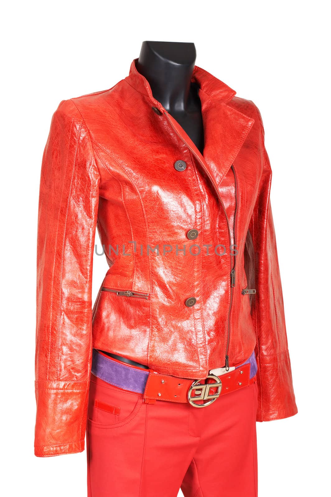 Red a jacket and trousers on a white background