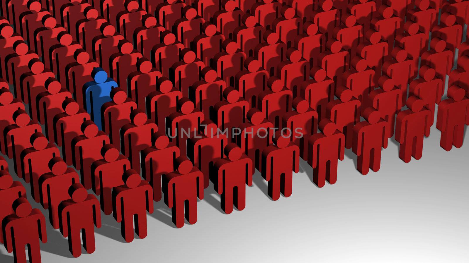 A 3D image of lines of little red people with on standing out from the crowd.