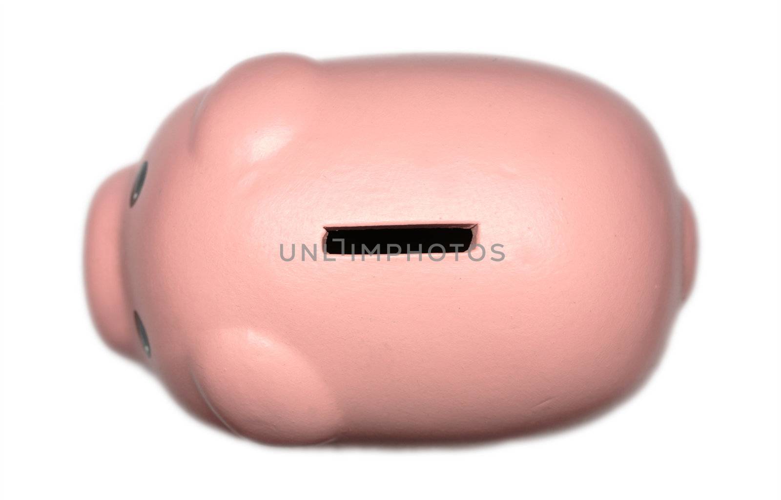 A cute piggy bank isolated on a white background, viewed from above.