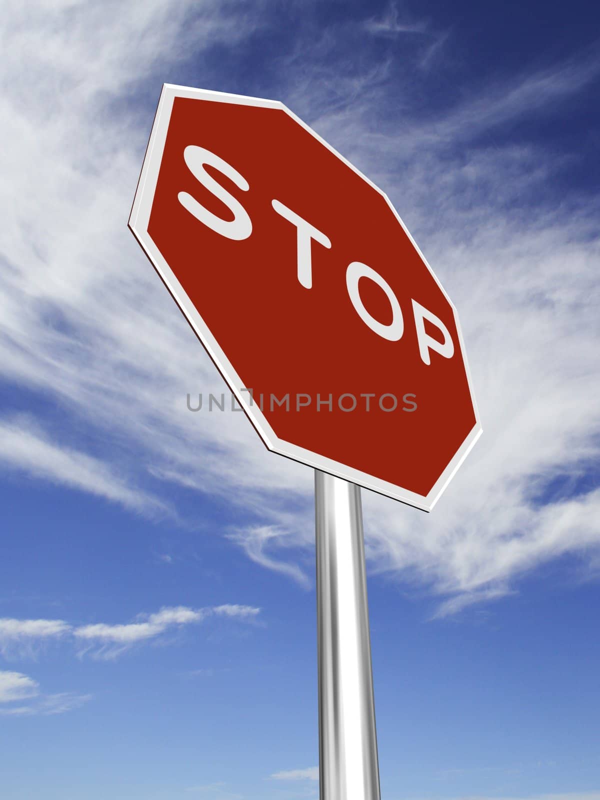 A red, traffic, STOP sign, made on a 3D rendering software.

(with a sky background)