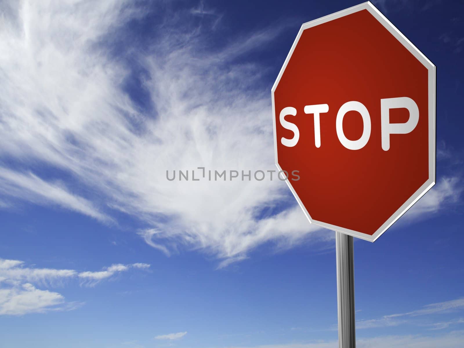 A red, traffic, STOP sign, made on a 3D rendering software.

(with a sky background)