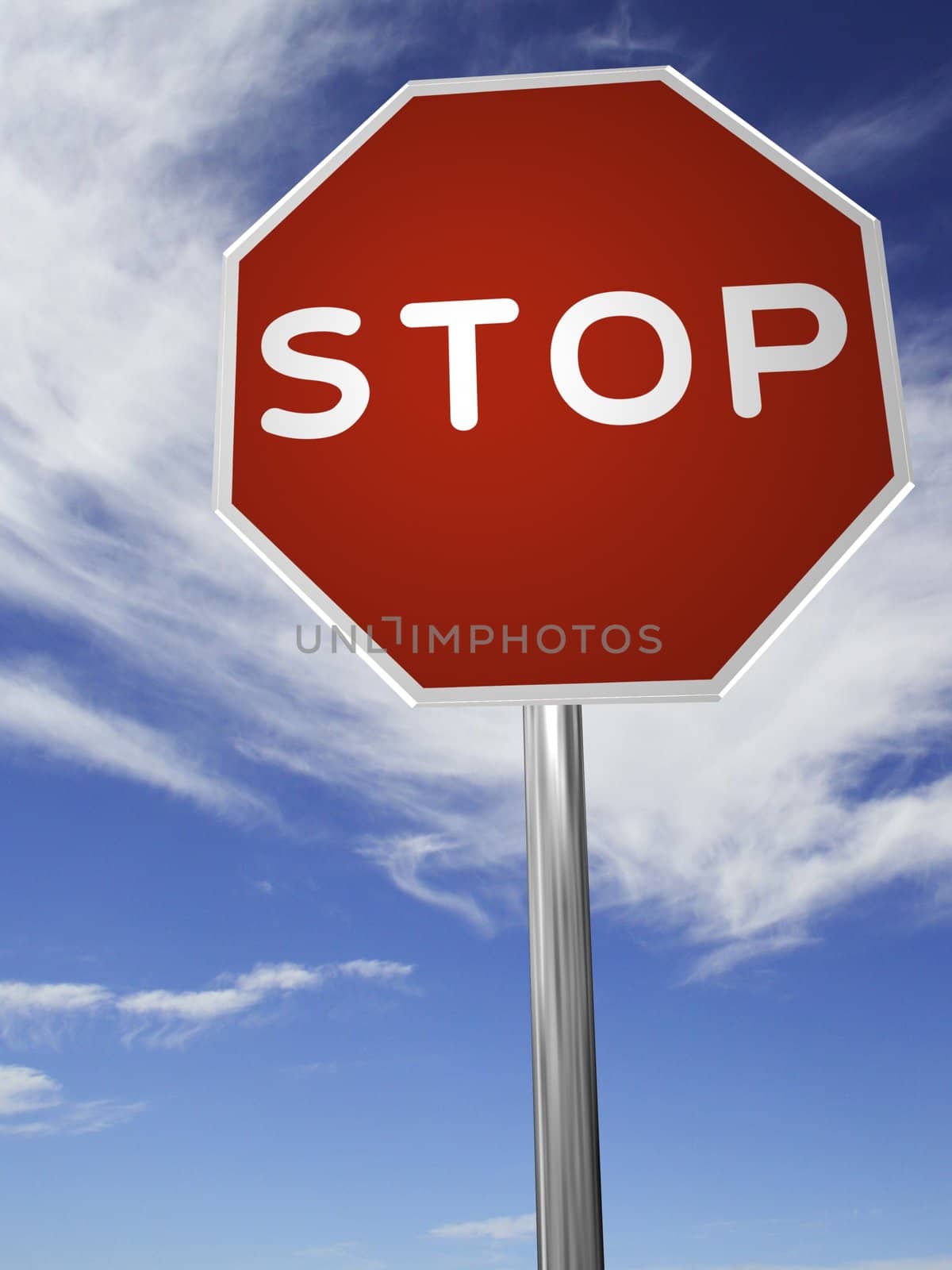 A red, traffic, STOP sign, made on a 3D rendering software.

(with a sky background)